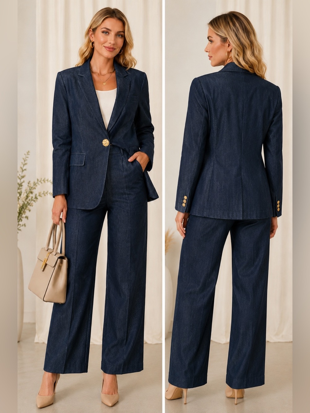 Tea & Cup Tailored 2-Piece Suit Set Gold Button Blazer & Pants Career Size Large
